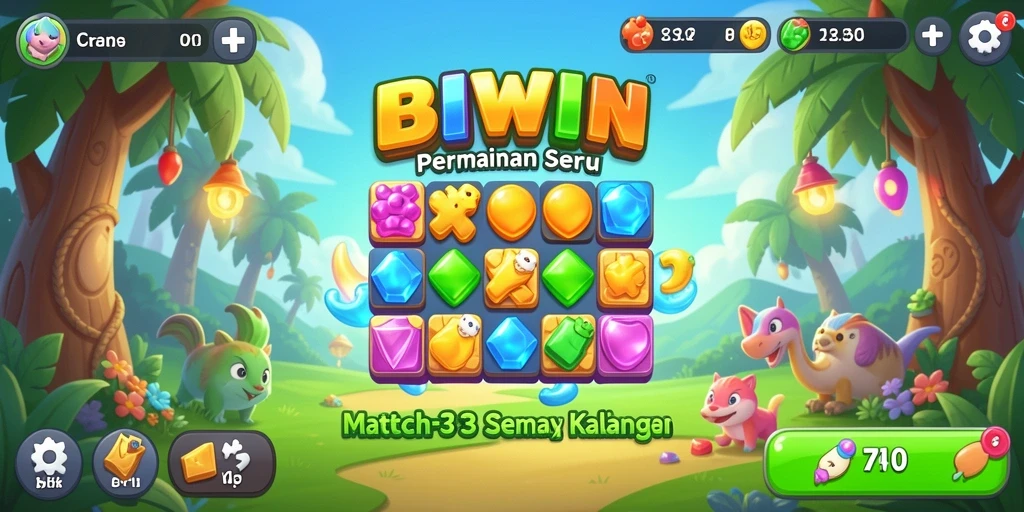 Tangkapan layar gameplay BIWIN menampilkan kombinasi warna-warni dalam level Match-3.