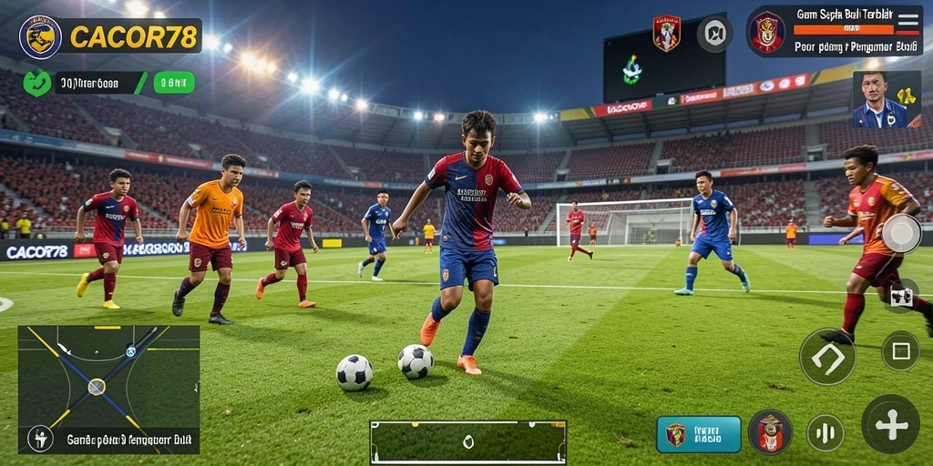 Screenshot menunjukkan aksi seru pertandingan sepak bola di CACOR78.