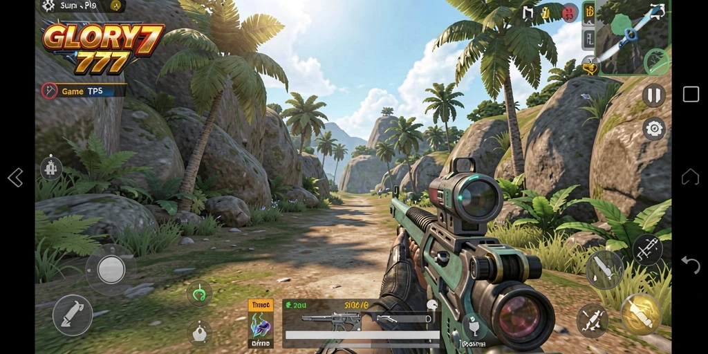 Screenshot utama GLORY777 menampilkan aksi permainan TPS yang mendebarkan.
