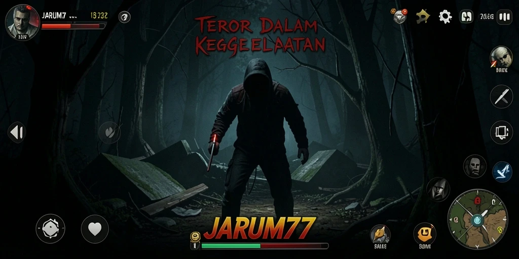Screenshot gameplay dari JARUM77 menampilkan suasana Horror yang intens.
