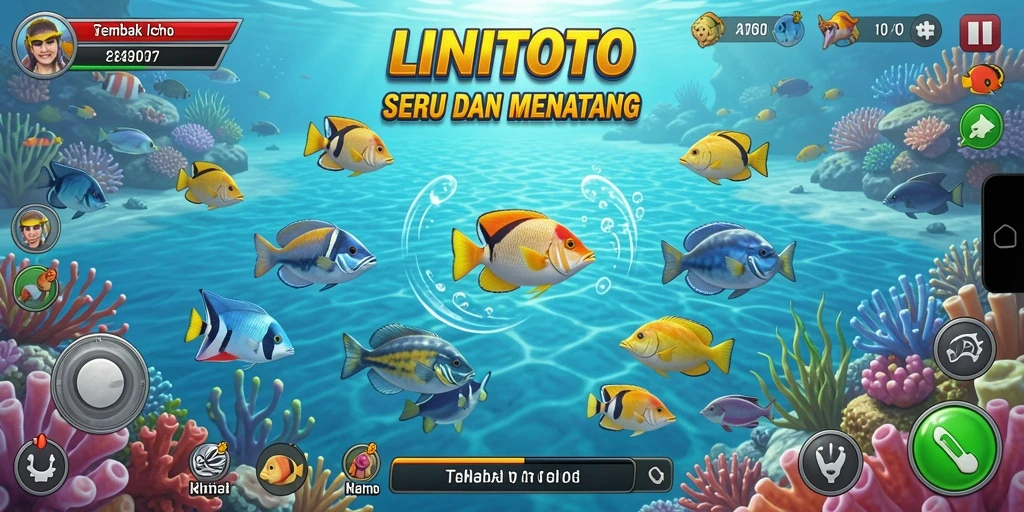 Gameplay seru Tembak Ikan dalam LINITOTO dengan berbagai ikan untuk ditangkap.