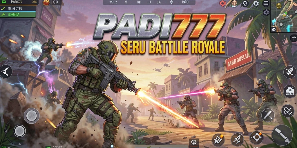 Screenshot PADI777 menampilkan adegan pertarungan intens di medan pertempuran Battle Royale.